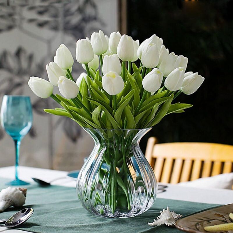 foto del prodotto langray bouquet di 10 superbi tulipani artificiali in pu real touch con gambo bianco 