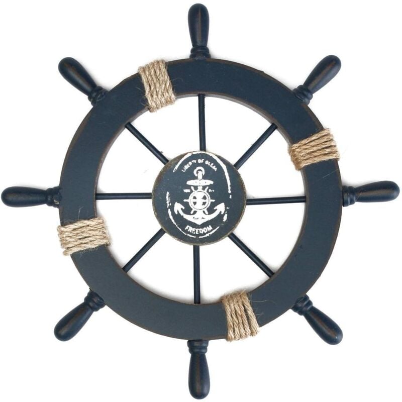 foto del prodotto langray decorazione murale con timone di nave in legno, blu scuro, nautico