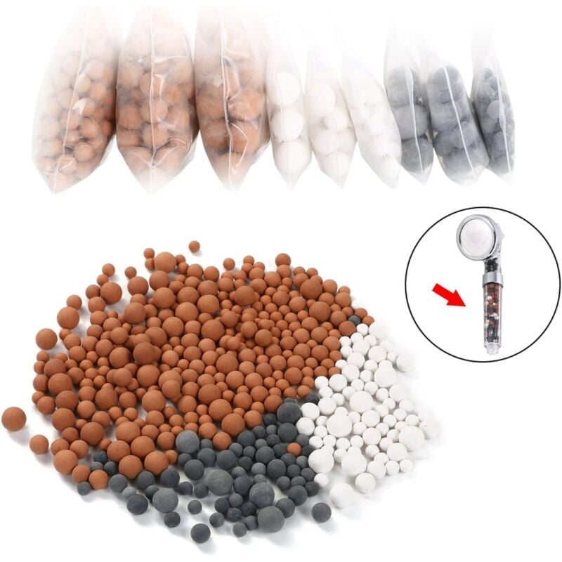 foto del prodotto langray filtro anticalcare per soffione doccia, confezione da 9 palline minerali agli ioni negativi in 3 misure, per filtro ionico per doccia