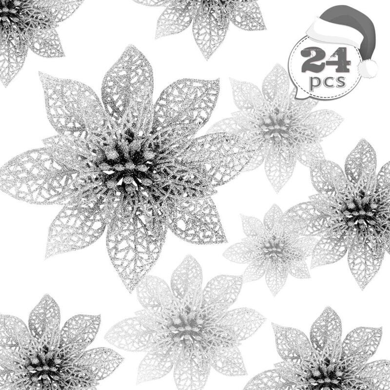 foto del prodotto langray fiori di natale, 24 pezzi di fiori di natale glitterati, fiori di natale cavi glitterati, decorazione floreale artificiale per albero di