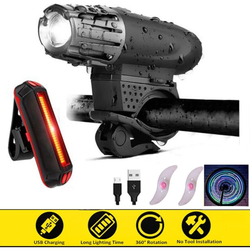 foto del prodotto langray luce per bici anteriore e posteriore, luce per bici a led impermeabile ricaricabile con cavo usb, 4 modalit regolabili 2 luci per ruota