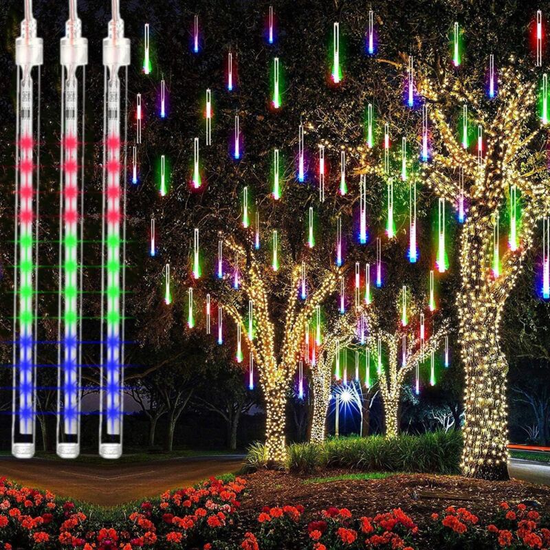 foto del prodotto langray luci a pioggia di meteoriti, 8 tubi da 30 cm, 192 led, decorazione natalizia per esterni multicolore