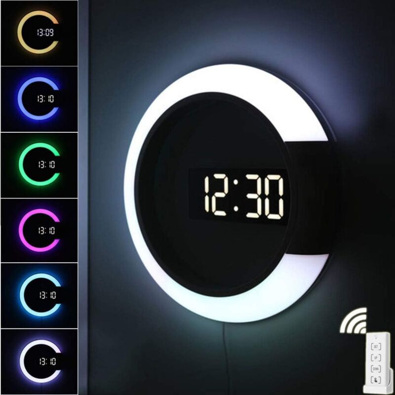 foto del prodotto langray orologio da parete a led, telecomando creativo, orologio digitale con specchio cavo e allarme temperatura, 7 colori che cambiano, luce