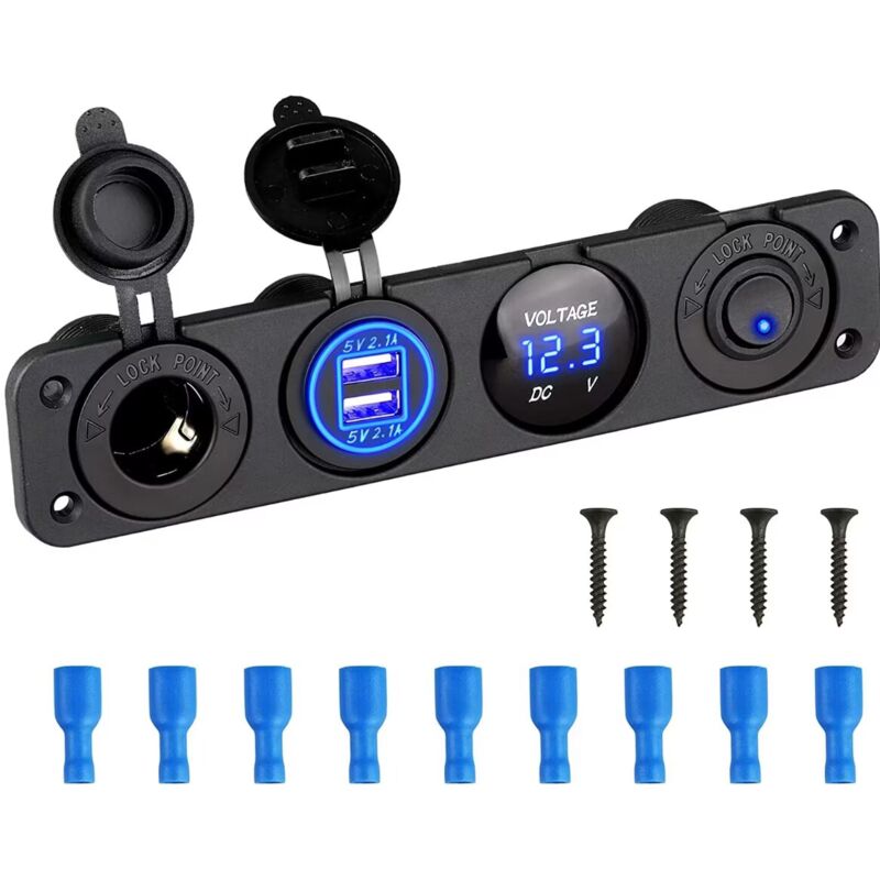 foto del prodotto langray pannello interruttori marini 4 in 1, presa di corrente per caricabatterie doppia presa usb 12v 4.2a e voltmetro led e accendisigari rapanda
