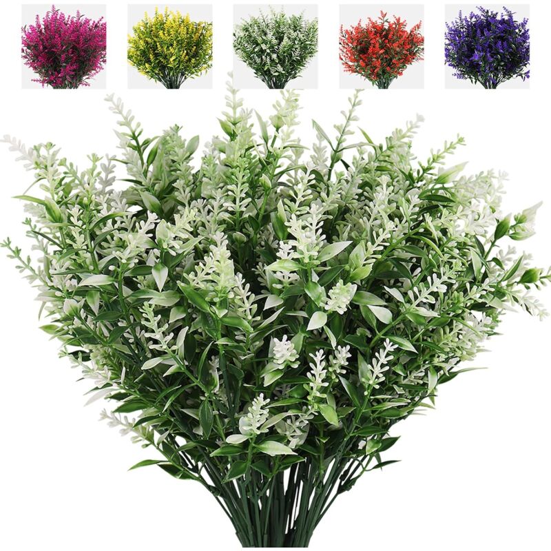 foto del prodotto langray pianta di lavanda artificiale, 8 mazzi da esterno anti ultravioletto, foglie verdi finte, arbusti finti, piante di simulazione, vasi da