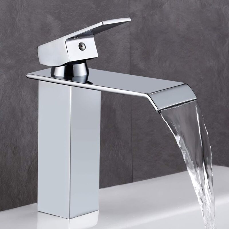 foto del prodotto langray rubinetto per lavabo, rubinetto per lavabo da bagno a cascata in ottone cromato in stile moderno, valvola in ceramica, design piatto