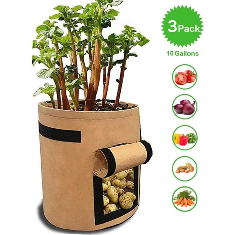 foto del prodotto langray sacchi per piantare patate, pomodori e altre verdure, tessuto in pile traspirante, fioriera con patta, chiusura in velcro e maniglia, 3