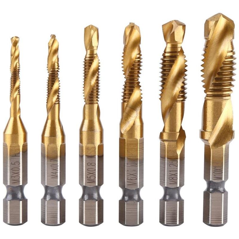 foto del prodotto langray set di 6 maschi per filettatura, filettatura metrica m3 m10 con rivestimento in titanio hss e punte per maschiatura scanalate con gambo