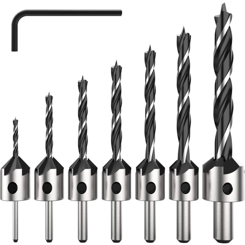 foto del prodotto langray set di 7 punte per trapano svasatore hss a 5 scanalature, punte per trapano svasatore per viti da legno di varie lunghezze, con semplice