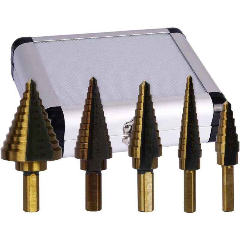 foto del prodotto langray set di punte per trapano a gradini in acciaio hss rivestito alpen per utensili elettrici, 5 pezzi 