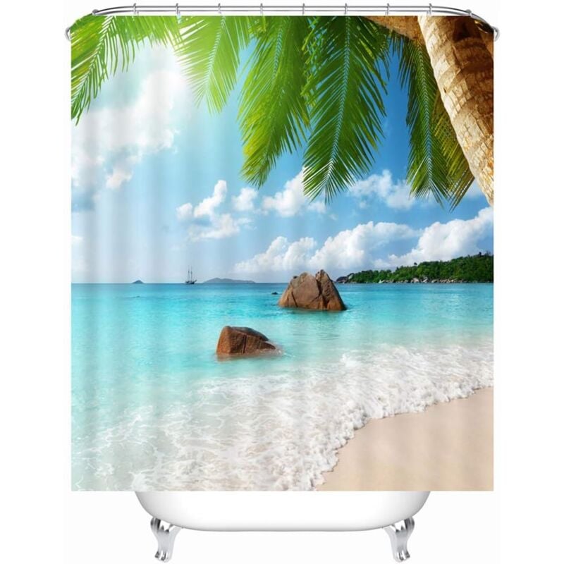 foto del prodotto langray tenda da doccia con motivo spiaggia, tessuto impermeabile antimuffa con 12 anelli per tenda da doccia, tenda da bagno lavabile, 180x180 cm