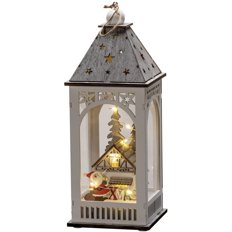 foto del prodotto lanterna a led in legno con casa, timer 6 ore, 8 diodi a luce bianca calda, funzionamento a batteria, per interni 3270 210 konstsmide
