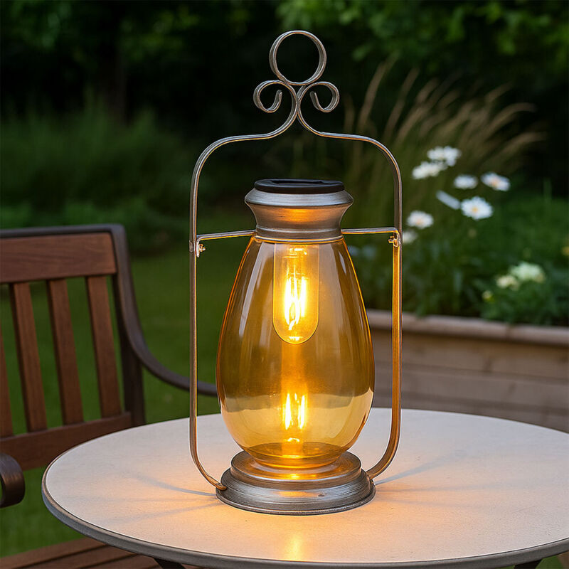 foto del prodotto lanterna a luce solare a led lampada da esterno decorazione da giardino lampada da balcone, metallo vetro ambra argento, batteria ip44 resistente