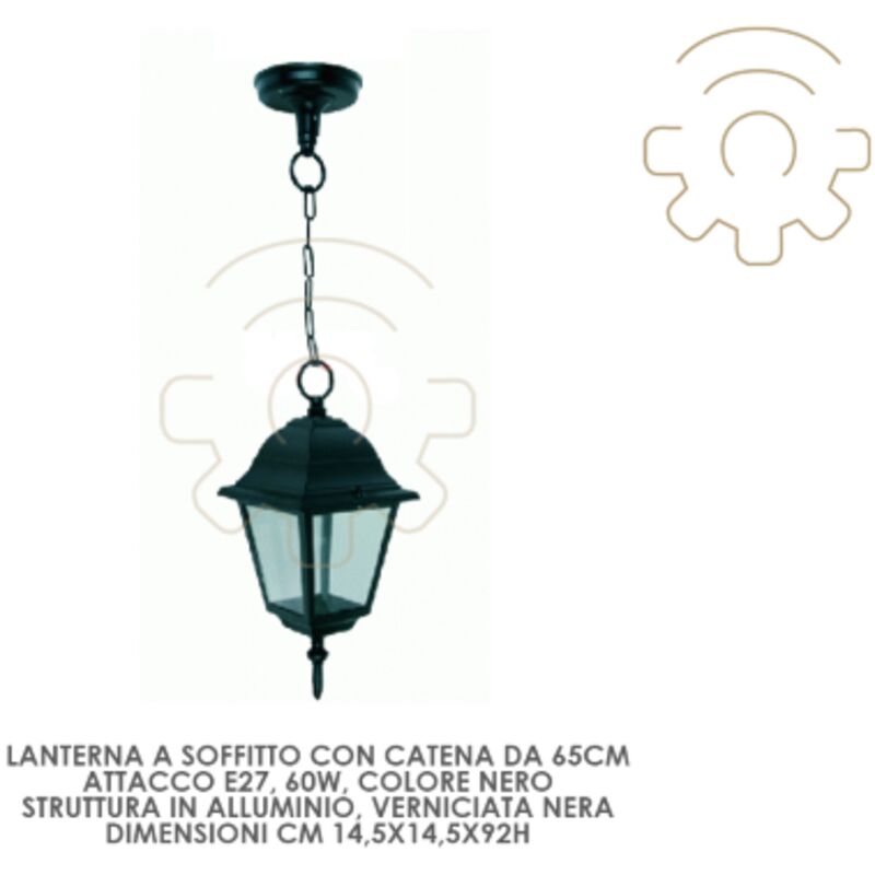 foto del prodotto lanterna a soffitto con catena da 65cm e27 60w cm14,5x14,5x92h struttura in alluminio nero esterno