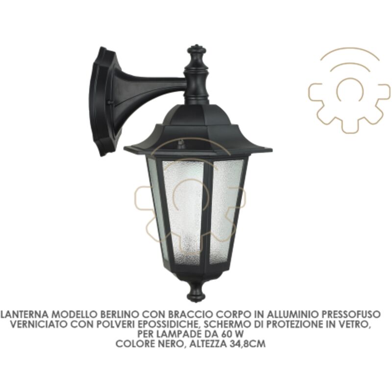 foto del prodotto lanterna berlino con braccio 60w alluminio nero con vetro lampada giardino
