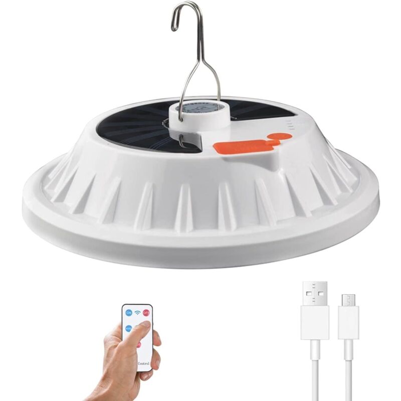 foto del prodotto lanterna da campeggio solare a 120 led con telecomando, batteria ricaricabile tramite usb, dimmerabile, impermeabile ipx7