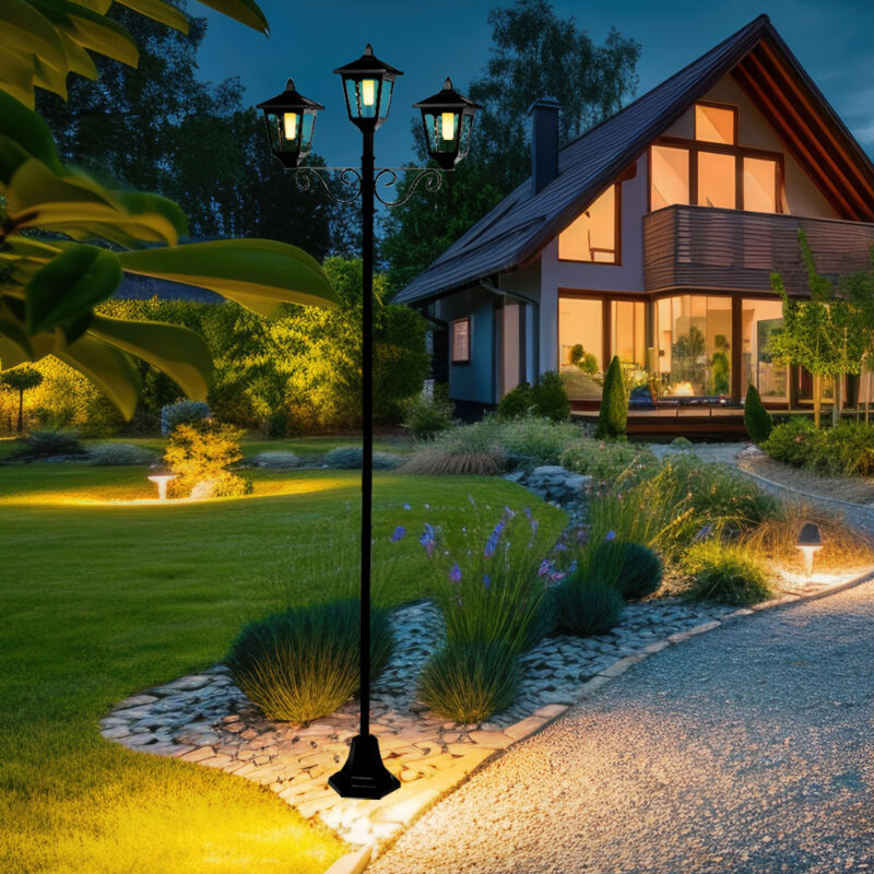 foto del prodotto lanterna da giardino grande per esterno candelabro 3 fiamme lanterna solare da esterno da esterno da terra, alluminio ferro nero, led bianco caldo, h