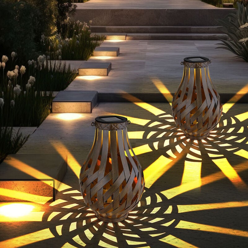 foto del prodotto lanterna decorativa da giardino, lanterna solare con rete di bamb , da appendere o da appoggiare, led bianco caldo, pxa 27x17,5 cm, terrazza da