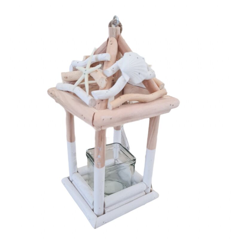 foto del prodotto lanterna decorativa in legno beach con portacandela decorato h 30 cm