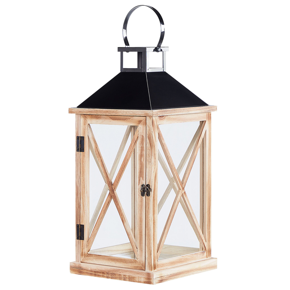 foto del prodotto lanterna in legno di pino marrone 61 cm portacandele a colonna con porte in vetro decorativo per interni