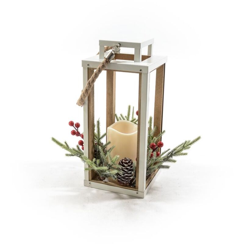 foto del prodotto lanterna in metallo con decorazione rami e bacche, candela con luci a led 17 x 17 x h 39 cm