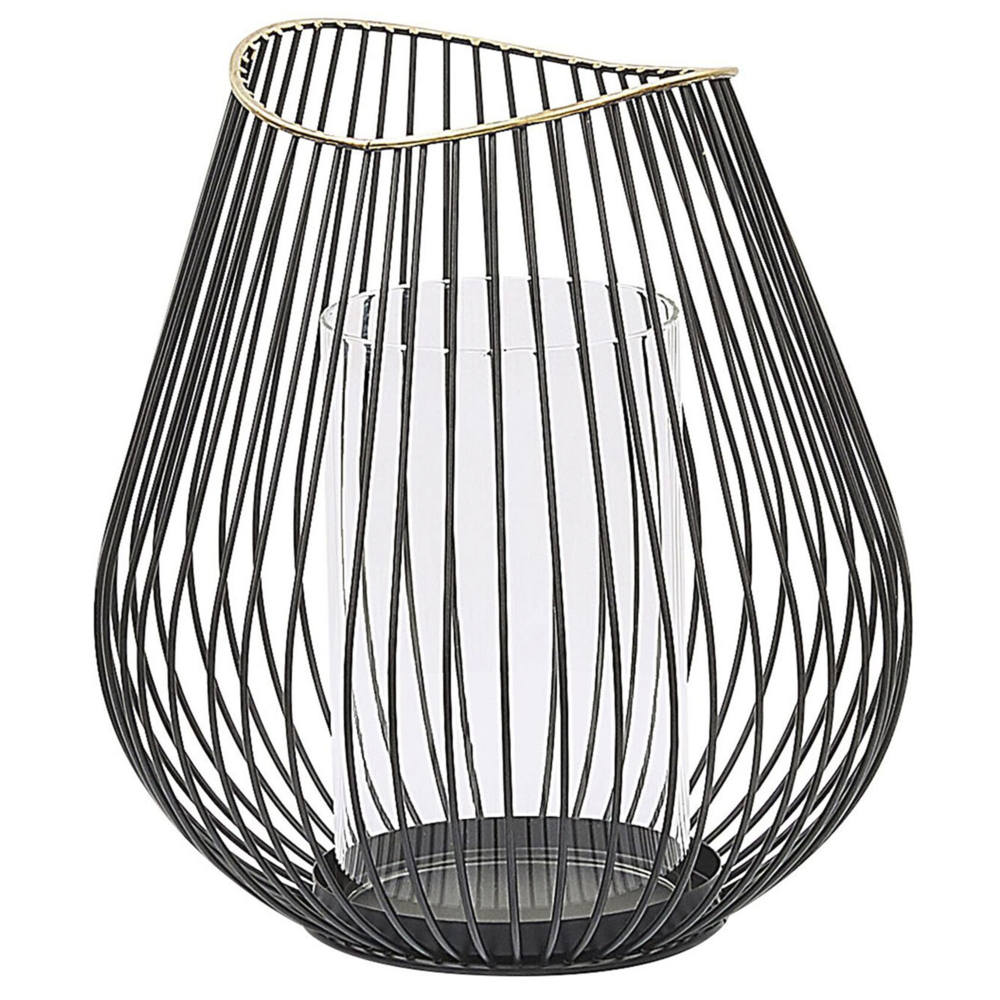 foto del prodotto lanterna in metallo nero e dorato 22 cm con decorazione portacandele inserto in vetro