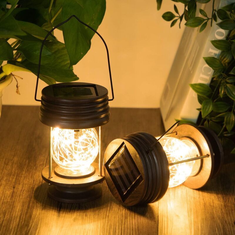 foto del prodotto lanterna portatile, 2 lanterne solari sospese per giardino, lampada da tavolo a led vintage con maniglia per passerella, cortile, patio, decorazione