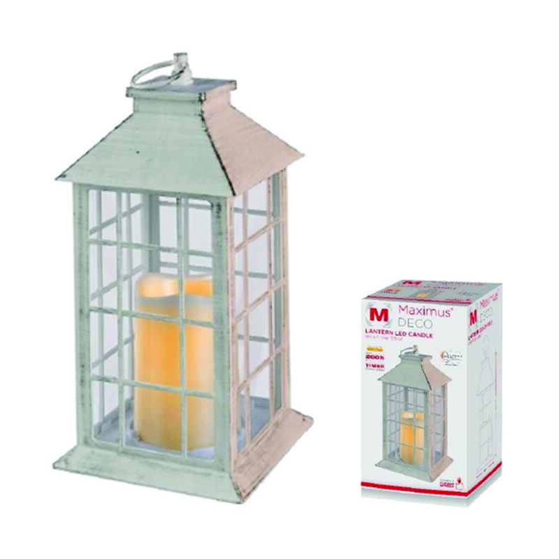 foto del prodotto lanterna quadra quadrettata con candela led 2700 k cm.14x14x30h. colore bianco antico