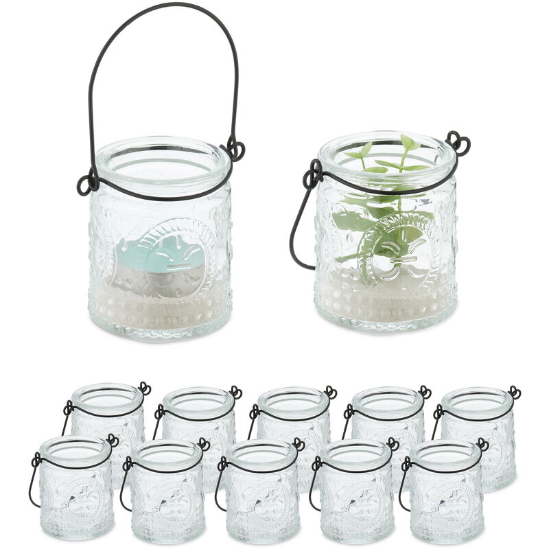 foto del prodotto lanterna relaxdays portacandele set 12 bicchierini in vetro con manico, hxd 7 x 6 cm, porta candele, trasparente nero