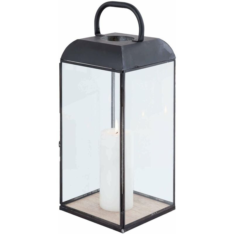 foto del prodotto lanterna rettangolare in acciaio e vetro con base in legno modern line grande