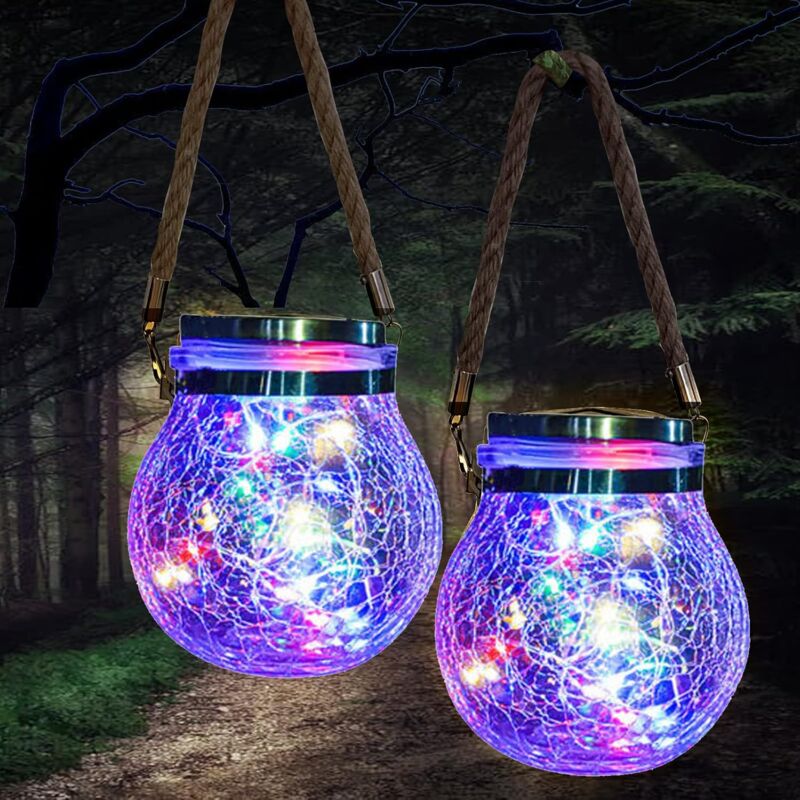 foto del prodotto lanterna solare da giardino, confezione da 2 lanterne solari da appendere all esterno con 20 led, lanterne solari impermeabili, illuminazione