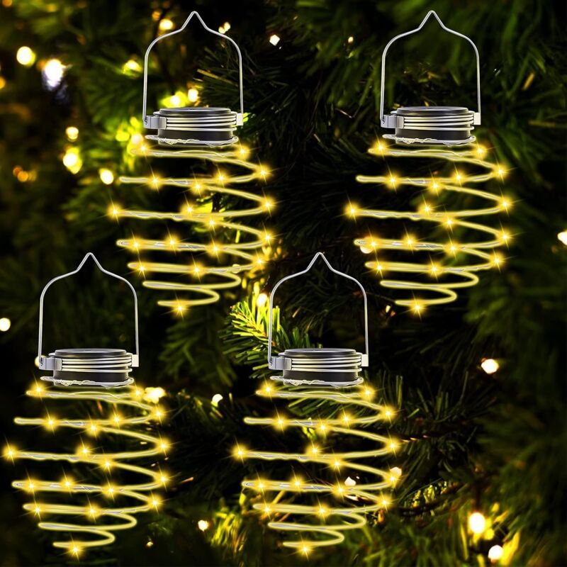 foto del prodotto lanterna solare da giardino per esterni, confezione da 4 luci solari a spirale da 80 led, lampada a sospensione solare in metallo, lanterna solare