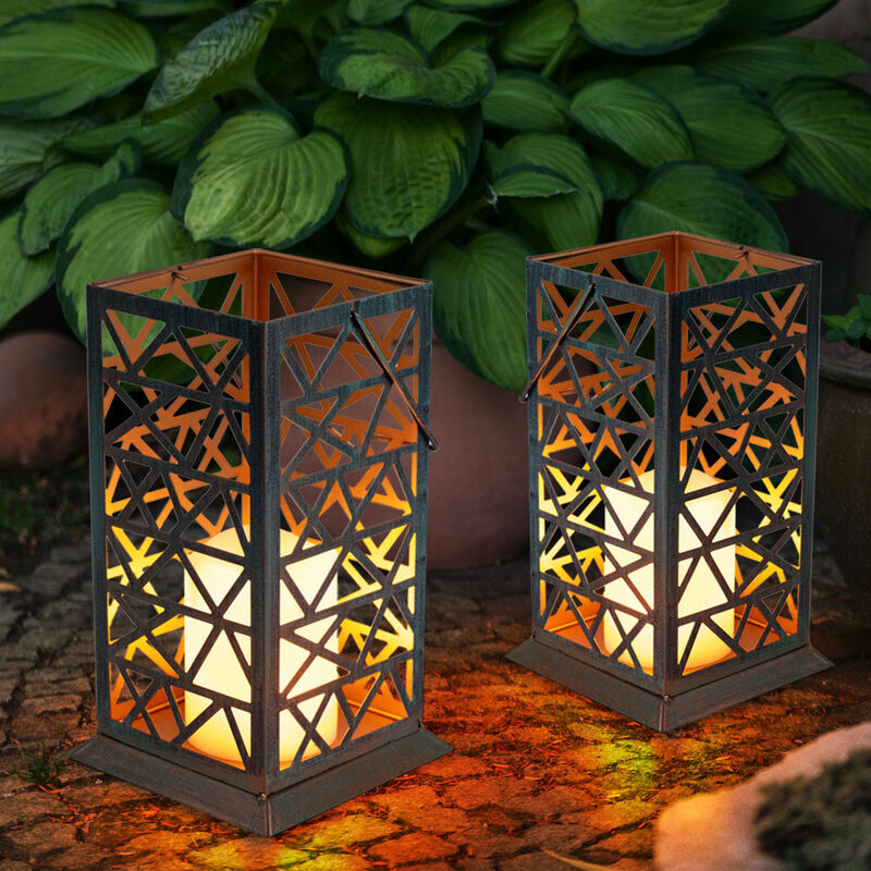 foto del prodotto lanterna solare effetto fuoco candela led lampada solare lampada solare lampada da esterno, metallo verde ruggine, lxpxa 14x14x37 cm, set da 2