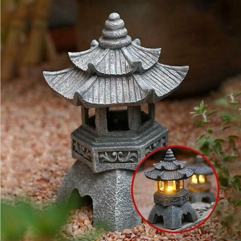 foto del prodotto lanterna solare pagoda statua decorazione da giardino decorazione da prato illumina pagoda vintage