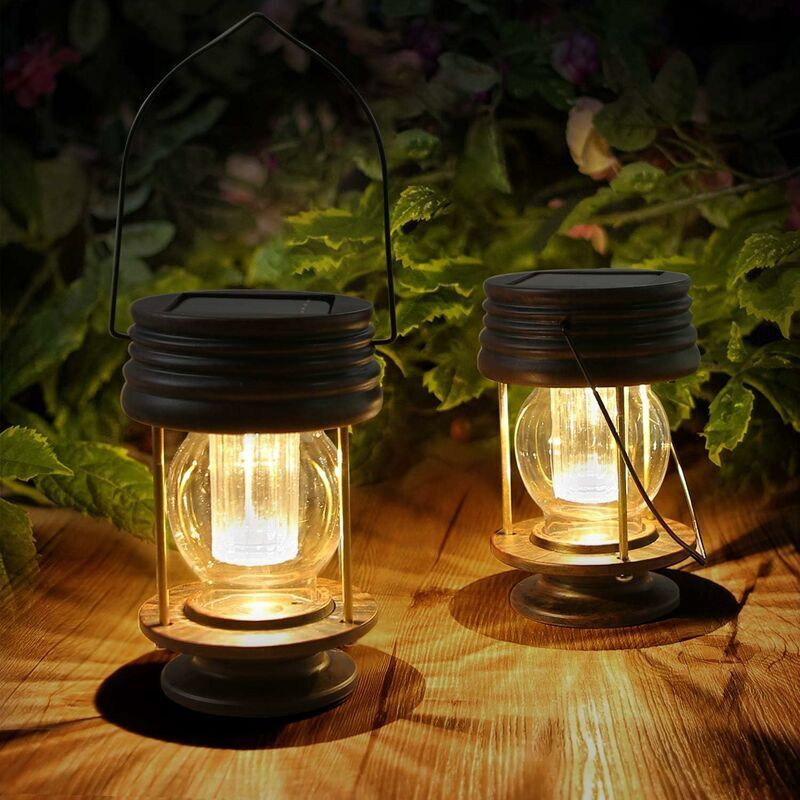 foto del prodotto lanterne solari sospese da 2 pezzi luci sospese a led solari vintage con maniglia per vialetti, cortili, patii, alberi, spiagge, gazebo luce calda 