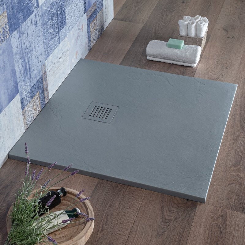 foto del prodotto lapis piatto doccia resina tagliabile 80x80 cm grigio effetto pietra blan