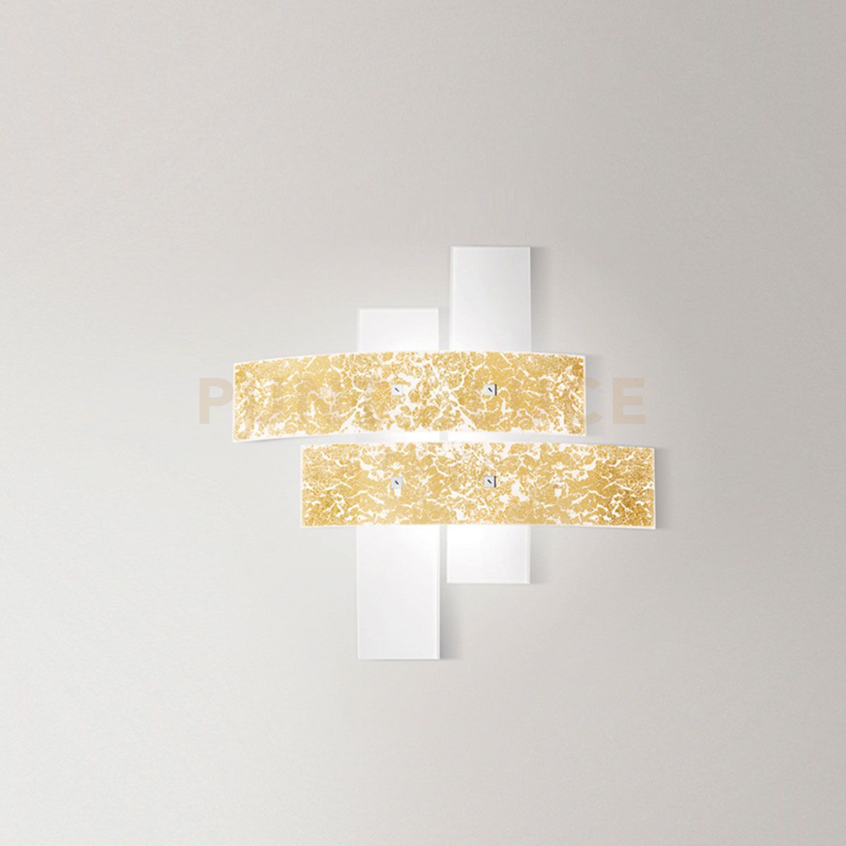 foto del prodotto lara p m - applique a parete in metallo e vetro bianco foglia oro 2 luci attacco e27 70x70cm