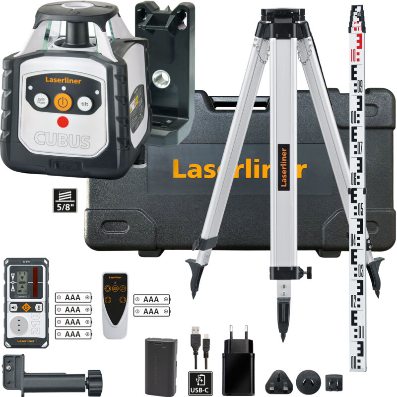 foto del prodotto laserliner laser rotante completamente automatico cubus 210 s con ricevitore a treppiede e asta di misura