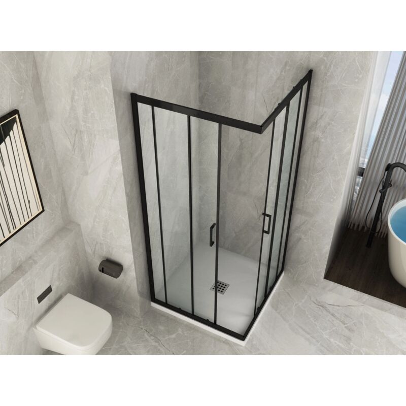 foto del prodotto lato box doccia vetro trasparente anticalcare temperato 6mm apertura angolare doppio scorrevole telaio alluminio nero opaco h190 75 x h190 cm