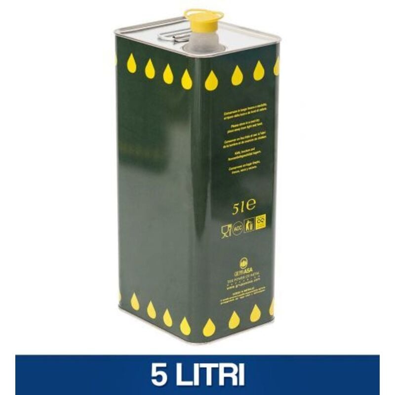 foto del prodotto lattina per olio con tappo, in metallo, a banda stagna. 5 litri confezione da 1 pezzo