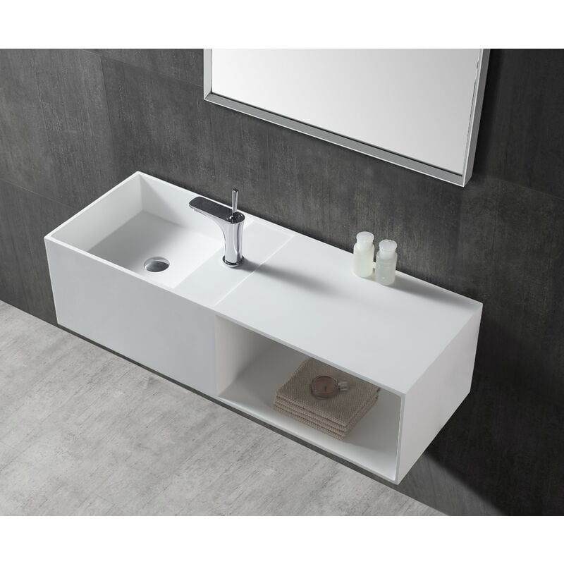 foto del prodotto lavabo a parete twg36 in solid stone 110 x 40 x 30 cm bianco opaco con ripiano a destra