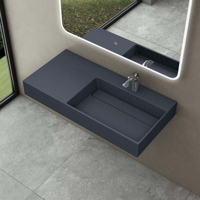 foto del prodotto lavabo bagno sospeso lavabo da appoggio rettangolare in marmo resina antracite opaco, vasca a destra 90x48x13 cm con 1 foro rubinetto e piletta