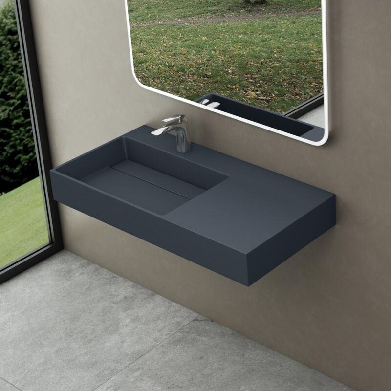 foto del prodotto lavabo bagno sospeso lavabo da appoggio rettangolare in marmo resina antracite opaco, vasca a sinistra 100x48x13 cm con 1 foro rubinetto e piletta