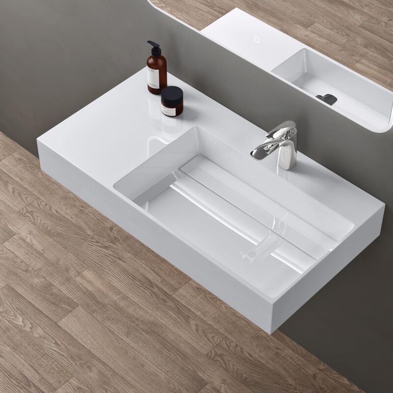 foto del prodotto lavabo bagno sospeso lavabo da appoggio rettangolare in marmo resina bianco lucido, vasca a destra 100x48x13 cm con 1 foro rubinetto e piletta