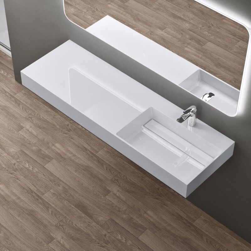 foto del prodotto lavabo bagno sospeso lavabo da appoggio rettangolare in marmo resina bianco lucido, vasca a destra 150x48x13 cm con 1 foro rubinetto e piletta
