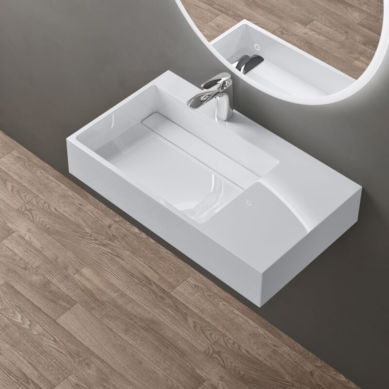 foto del prodotto lavabo bagno sospeso lavabo da appoggio rettangolare in marmo resina bianco lucido, vasca a sinistra 75x43x14 cm con 1 foro rubinetto e piletta