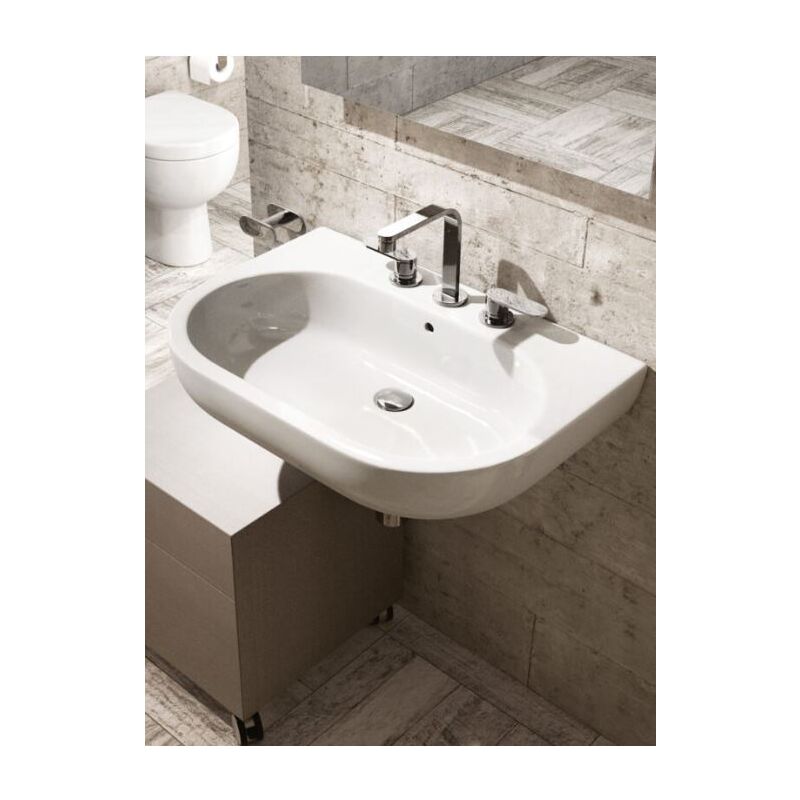 foto del prodotto lavabo bianco appoggio sospeso con piano rubinetteria pass flaminia