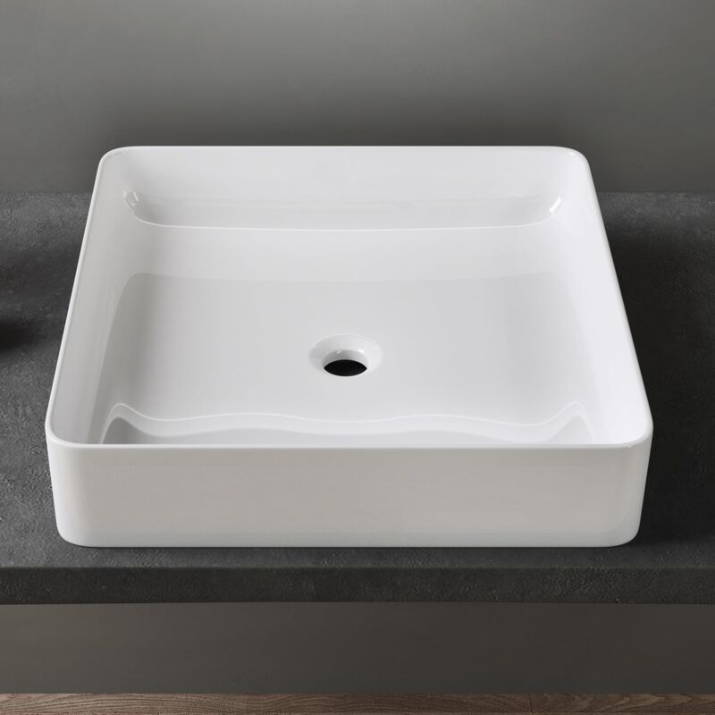 foto del prodotto lavabo da appoggio 50x35x11cm lavandino bagno rettangolare in ceramica bianco lucido lavamani lavello moderno con foro di scarico e rivestimento nano