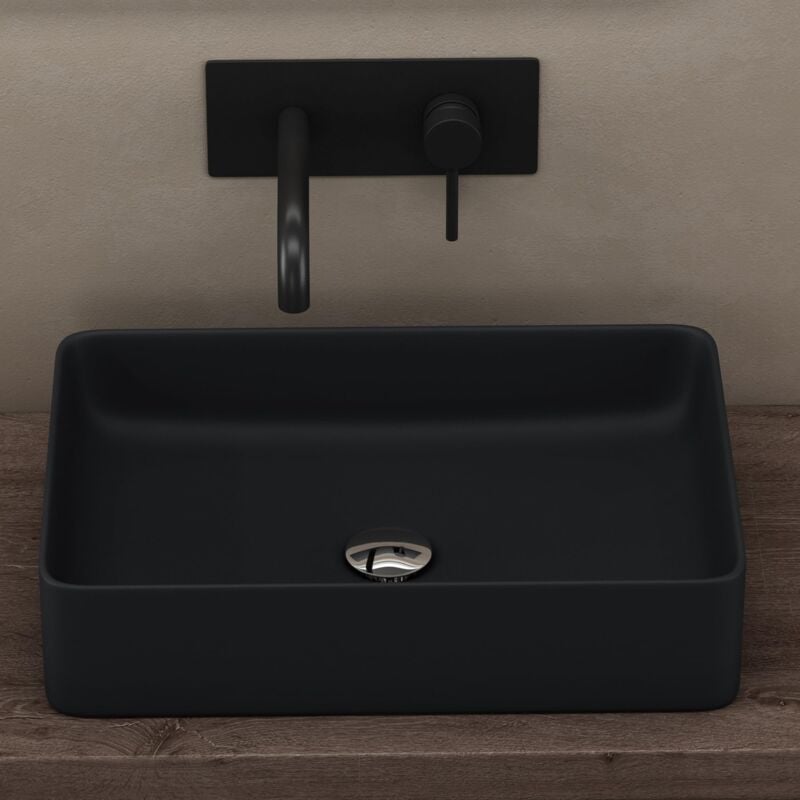 foto del prodotto lavabo da appoggio 58x38x13,5cm lavandino bagno rettangolare in ceramica nero opaco lavamani lavello moderno con foro di scarico e rivestimento nano