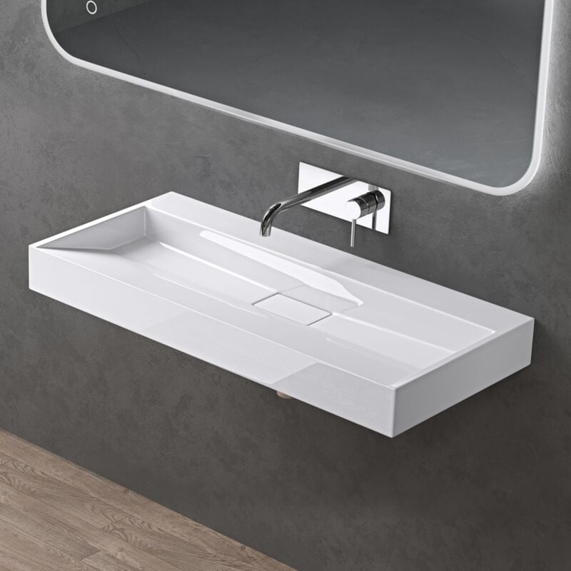 foto del prodotto lavabo da appoggio bagno sospeso lavandino rettangolare in marmoresina con piletta di scarico inclusa colossum19, 100x46x11 cm bianco lucido senza